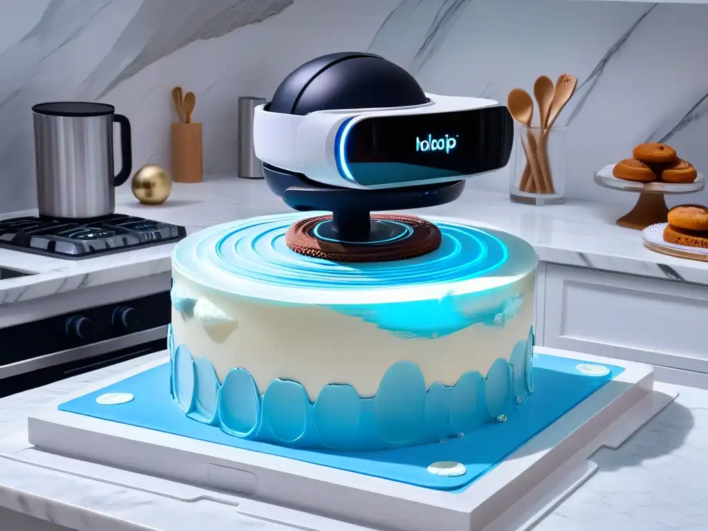 Un futurista y detallado escenario de cocina con tecnología de Realidad Aumentada que mejora habilidades de repostería