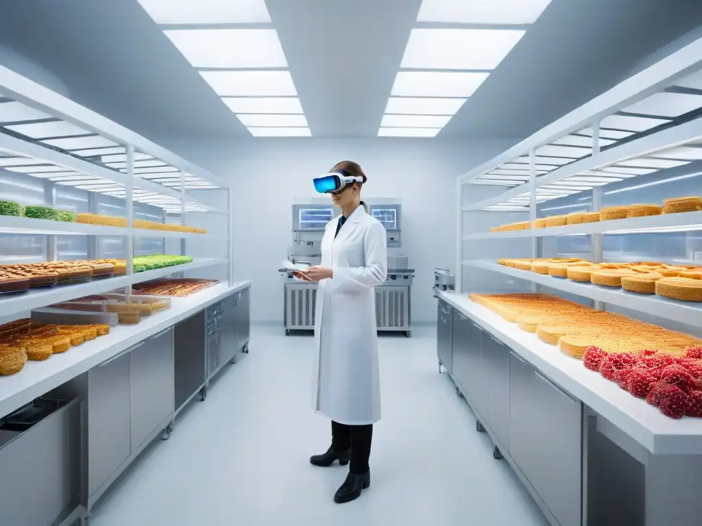 Futurista laboratorio de Química de alimentos con Realidad Aumentada, científico usando gafas AR y estructura molecular virtual