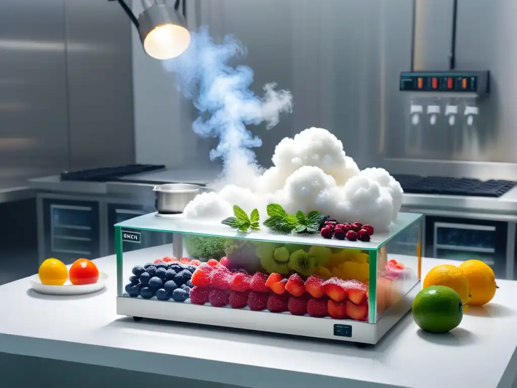 Innovador laboratorio con nitrógeno y frutas congeladas Futurista laboratorio para recetas sorbetes nitrógeno líquido con frutas y hierbas sobre encimera blanca