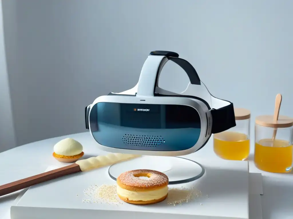 Headset futurista en medio de utensilios de repostería virtuales, bañados en luz etérea