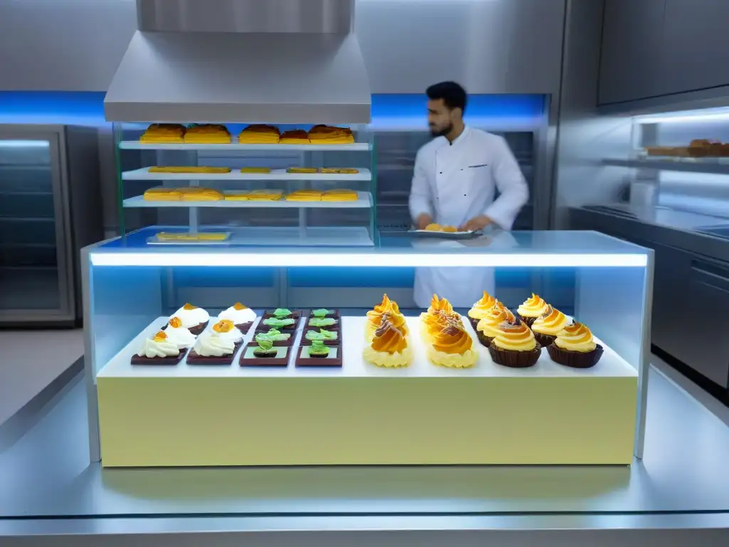 Un futurista mostrador de cocina con aplicaciones de realidad aumentada que presentan recetas de postres