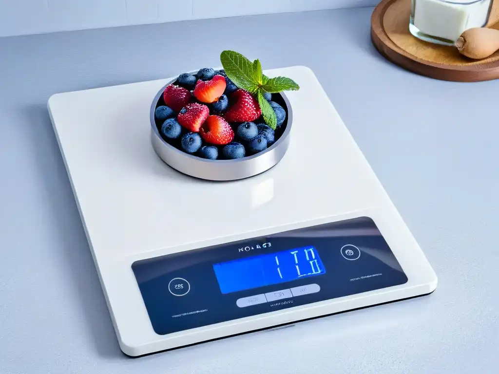 Un gadget innovador para repostería: báscula de cocina futurista en mármol con luz ambiental y frutas frescas