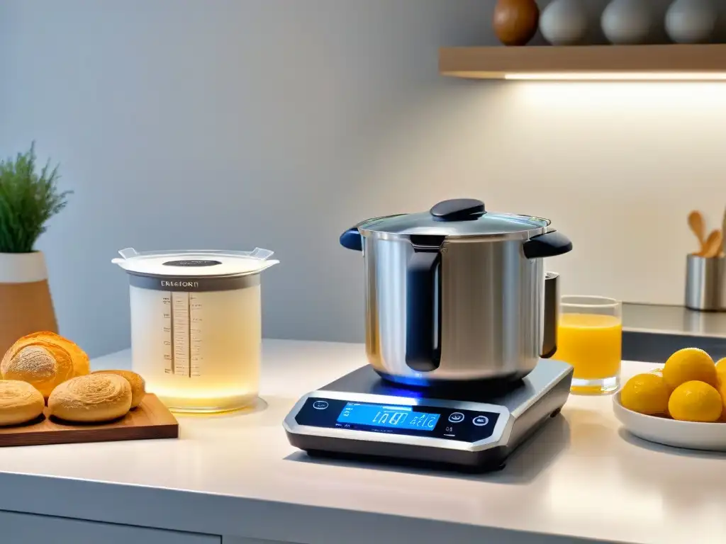 Gadgets innovadores para repostería en una cocina moderna y elegante, listos para inspirar a chefs aficionados