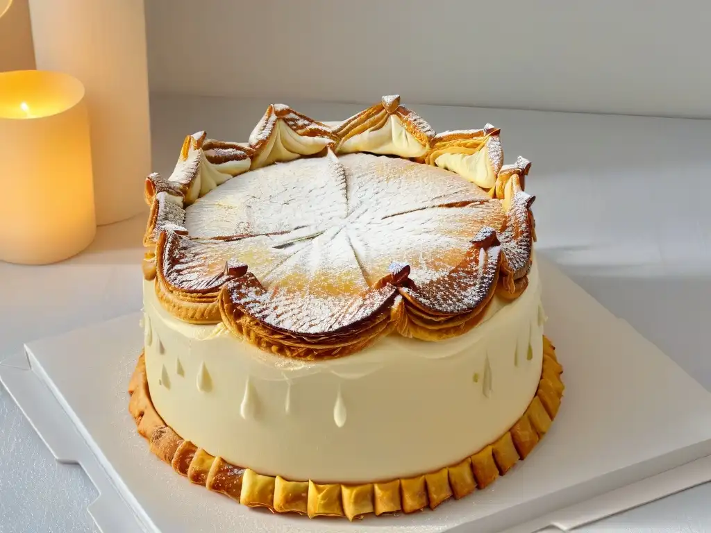 Un Galette des Rois recién horneado con una corona dorada, simbolizando la tradición y significado de esta delicia francesa