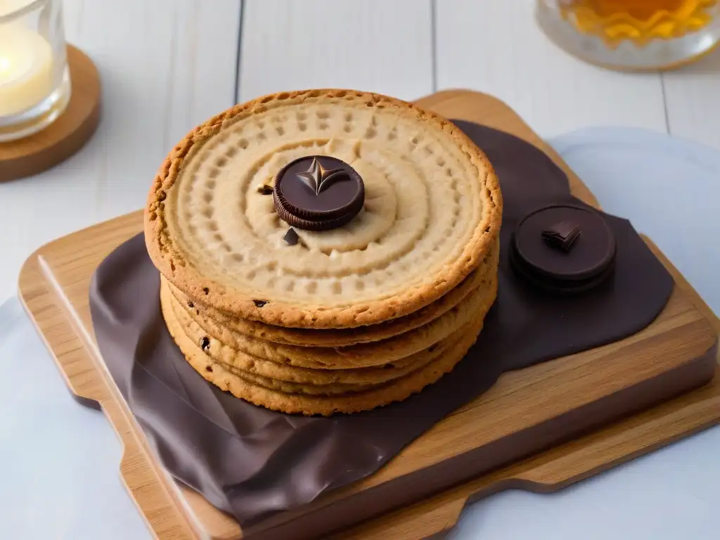 Una galleta de avena gourmet saludable sobre tabla de madera rústica, con avena y chocolate oscuro