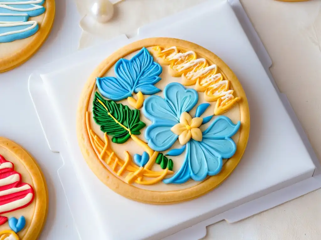 Una galleta decorada con arte y sabor en talleres de galletas, mostrando detalles intrincados y colores vibrantes