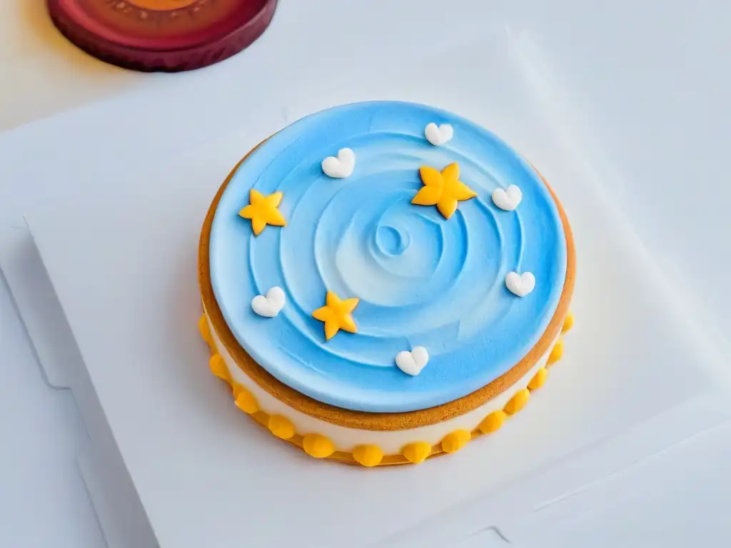 Una galleta bellamente decorada con diseños de glaseado detallados, colores vibrantes y creatividad en una base blanca