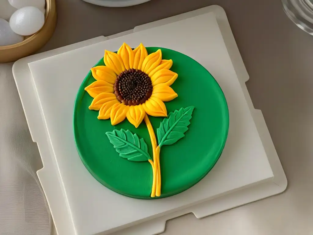 Galleta decorada en forma de girasol con detalle meticuloso en tonos amarillos, naranjas y marrones, sobre plato blanco