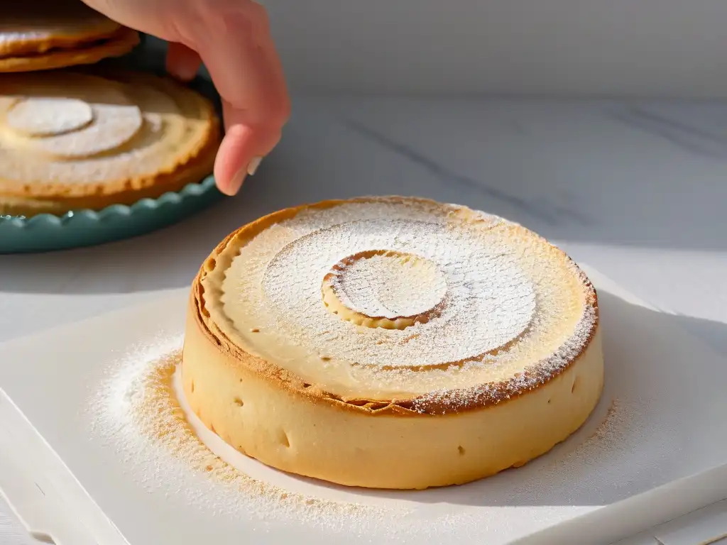 Una galleta dorada perfectamente horneada, con bordes crujientes, decorada con azúcar glas, sobre una encimera de mármol blanco impecable