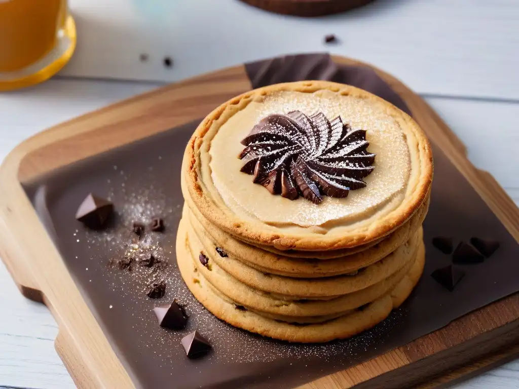 Una galleta de almendra recién horneada con trozos de chocolate y mantequilla de almendras derretida, sobre una mesa rústica