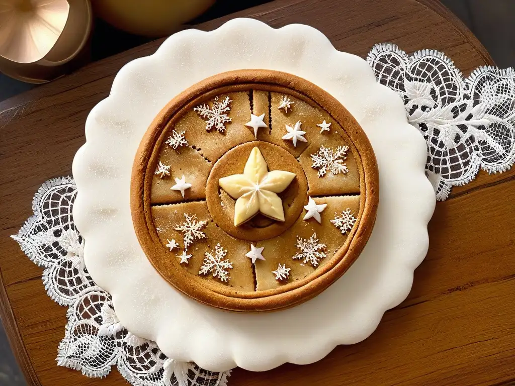 Galleta de mantequilla especiada navideña dorada sobre encaje blanco, con canela y anís, en mesa rústica