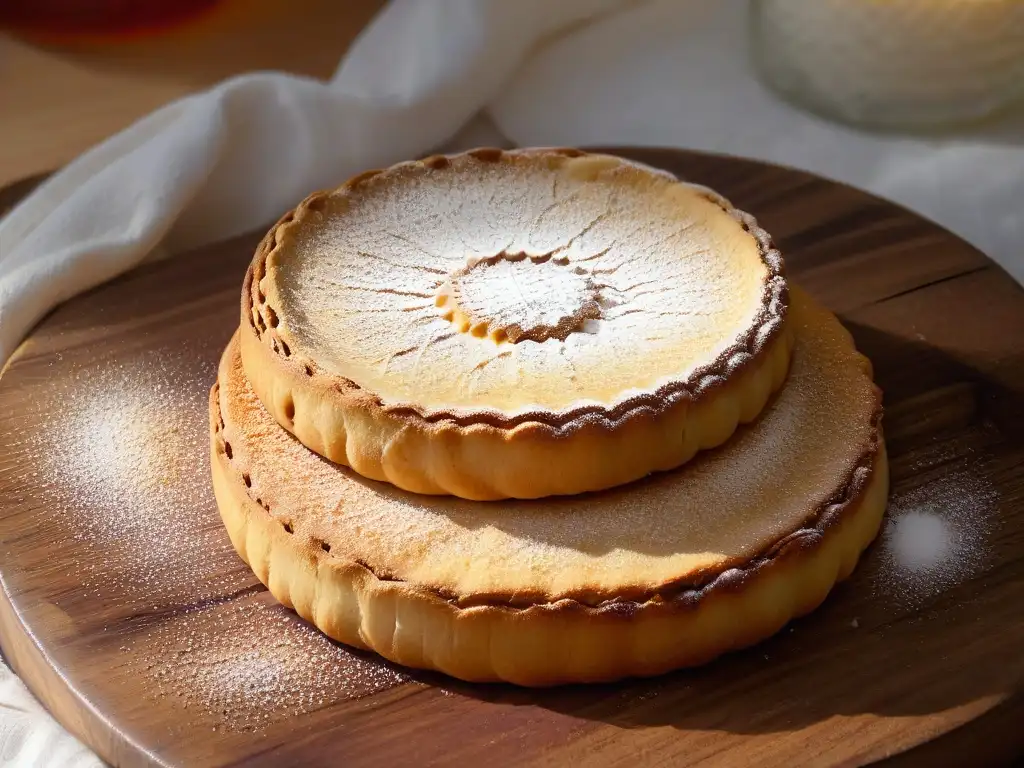 Una galleta Sablé Bretón dorada con azúcar glas y textura crujiente, sobre tabla de madera