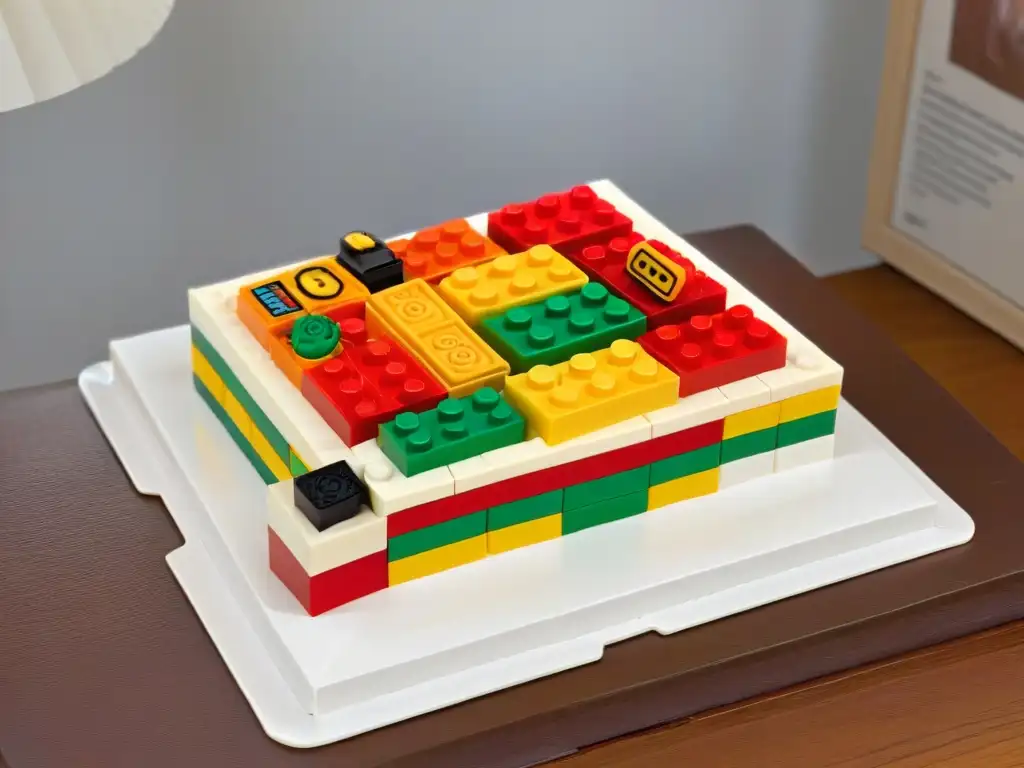 Galletas de Lego divertidas en elegante mesa de evento, colores vibrantes y atmósfera festiva