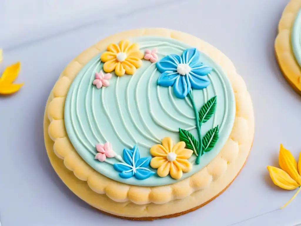Galletas veganas recetas fáciles: Detalle de una galleta vegana decorada con glaseado en tonos pastel sobre fondo blanco