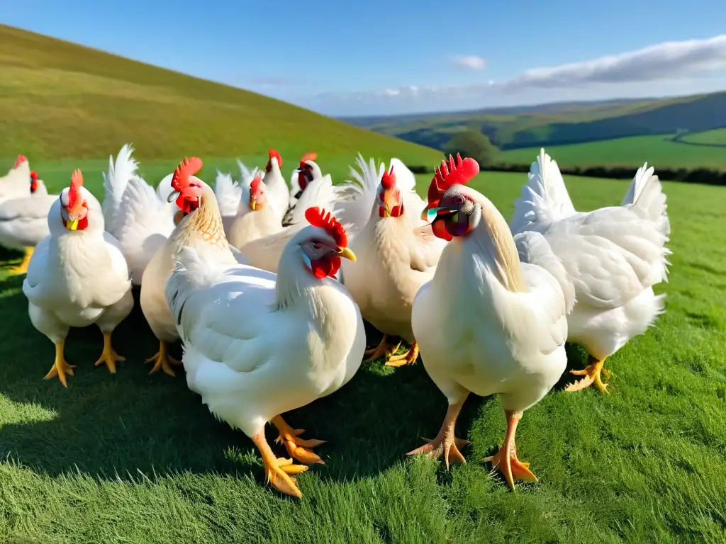 Una gallina majestuosa con plumaje deslumbrante captura la luz del sol en un prado soleado lleno de gallinas de colores variados