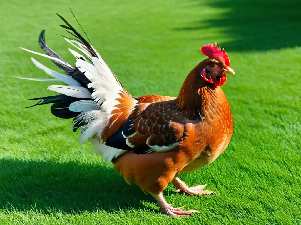 Una gallina marrón en un prado verde al sol de la mañana