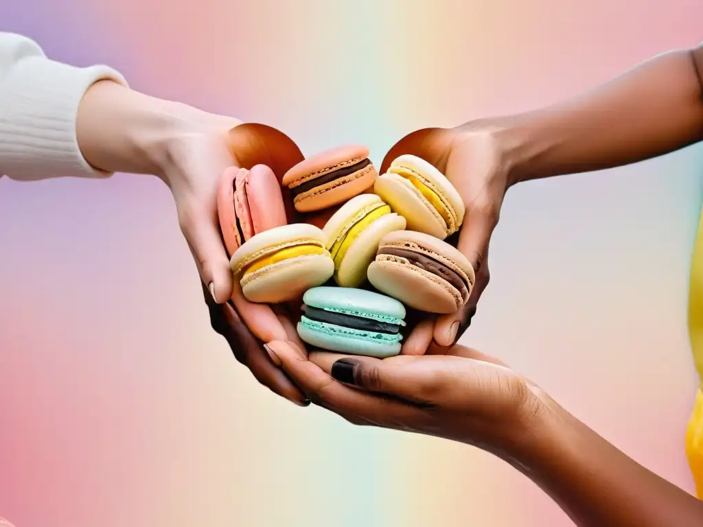 Unión global: manos diversas sostienen macarons pastel en un ambiente inclusivo y sereno