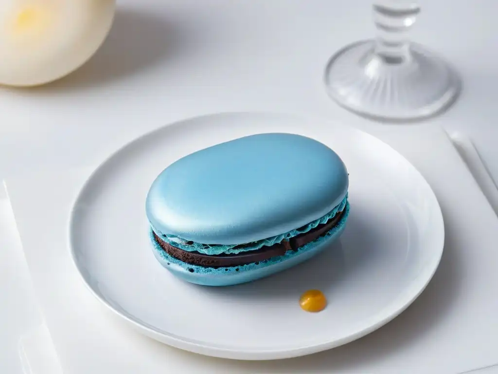 Un macaron sin gluten, detallado y delicado, en un plato blanco impecable