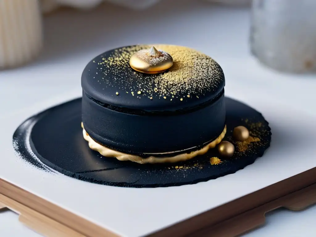 Un macaron sin gluten perfectamente elaborado con detalles dorados, en una elegante presentación negra