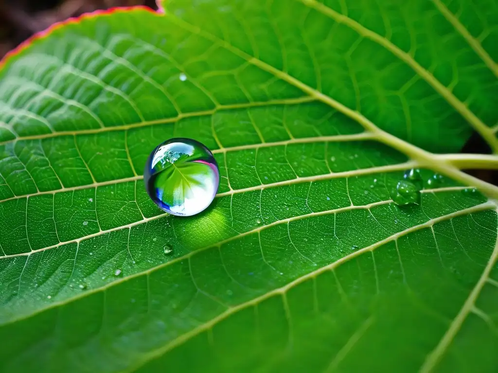 Una gota de agua perfecta sobre una hoja verde, reflejando luz como una bola de cristal