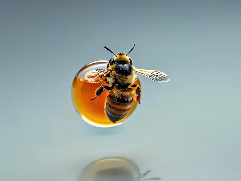 Una gota dorada de miel de abeja melipona suspendida en el aire, representando la pureza y riqueza de este tesoro para la repostería