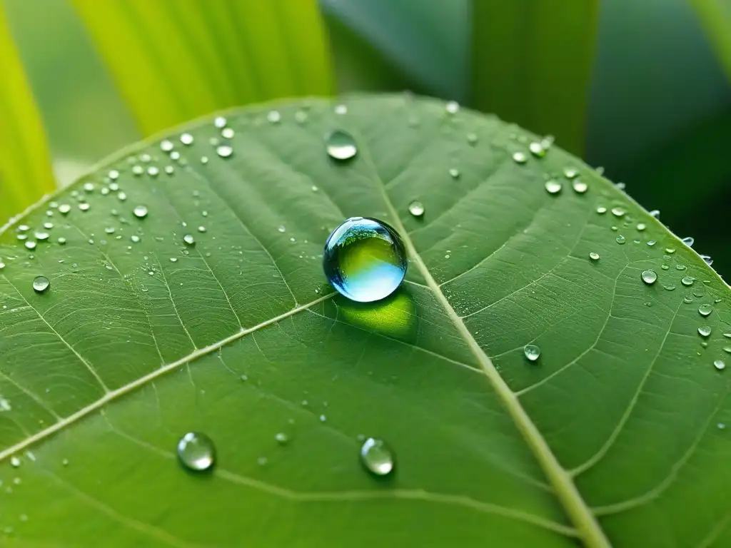 Gotas de agua en hoja verde, reflejando la luz solar con precisión cristalina