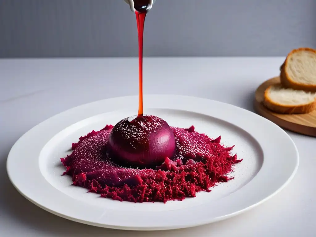 Grana de remolacha roja siendo rallada sobre un plato blanco, dejando escapar jugos rojos intensos