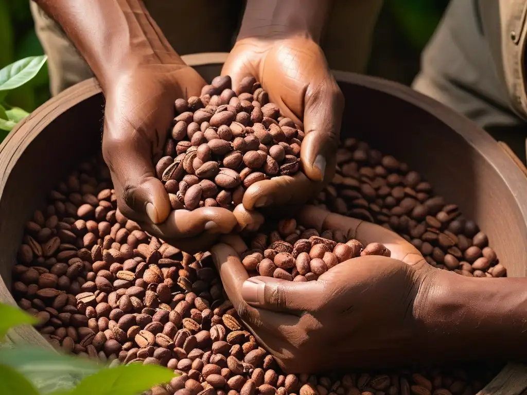 Un granjero selecciona con cuidado un grano de cacao en una plantación exuberante, destacando los ingredientes de Comercio Justo en repostería