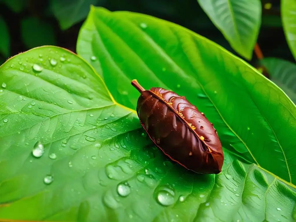 Un grano de cacao fresco con gotas de agua sobre hojas verdes