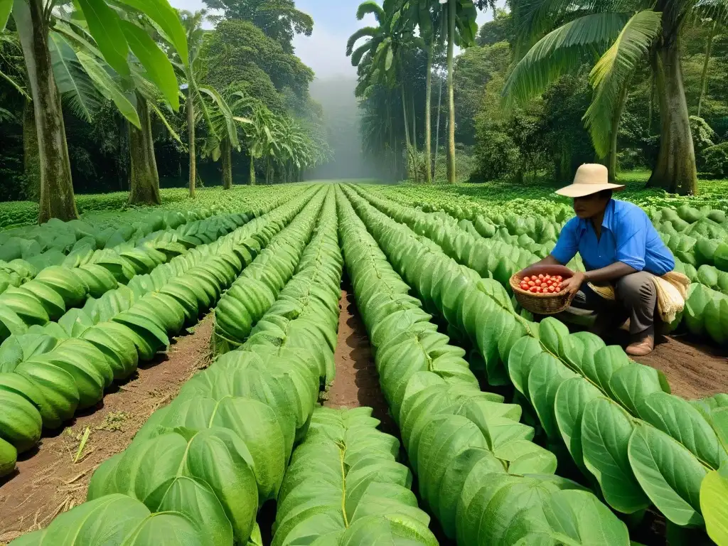 Grupo de agricultores de cacao cosechando en plantación, beneficios chocolate Comercio Justo