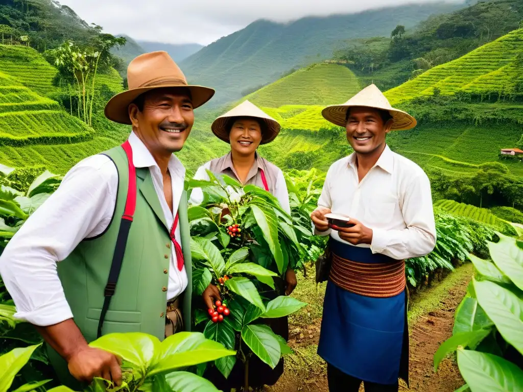 Grupo de caficultores felices cosechando café en una plantación verde, transmitiendo la belleza y beneficios del comercio justo