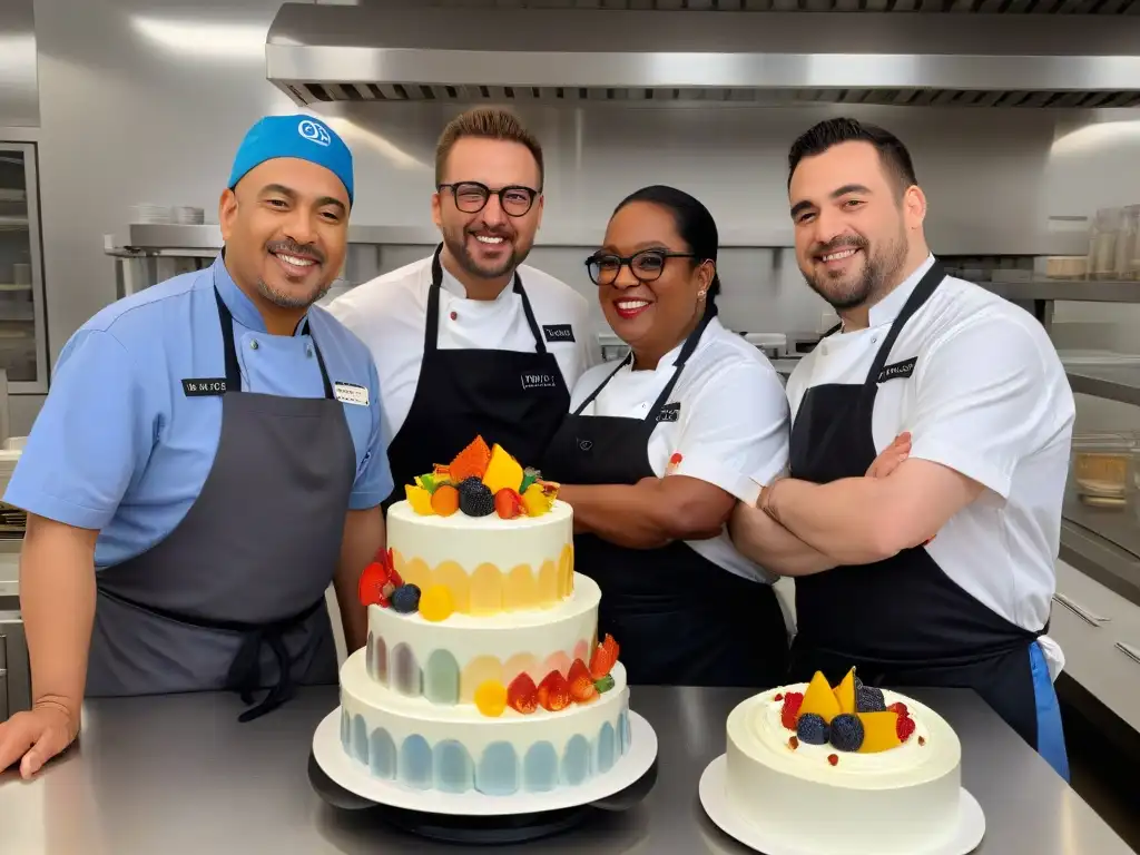 Un grupo de chefs con discapacidades cognitivas adaptando recetas, trabajan con alegría y determinación en una cocina moderna y luminosa