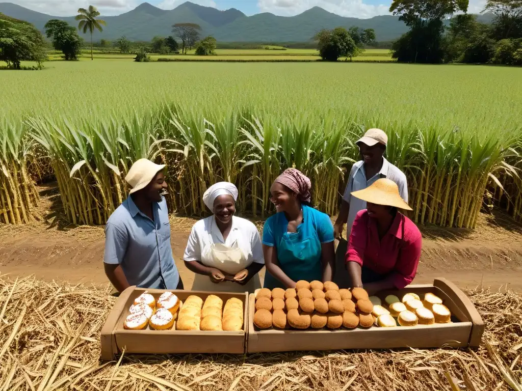 Cooperación en la cosecha: Agricultores y panaderos en armonía Un grupo diverso de agricultores y panaderos sonrientes trabajando juntos en un campo iluminado por el sol, cosechando caña de azúcar y horneando deliciosos pasteles, en una escena que captura la esencia del comercio justo y la repostería ética