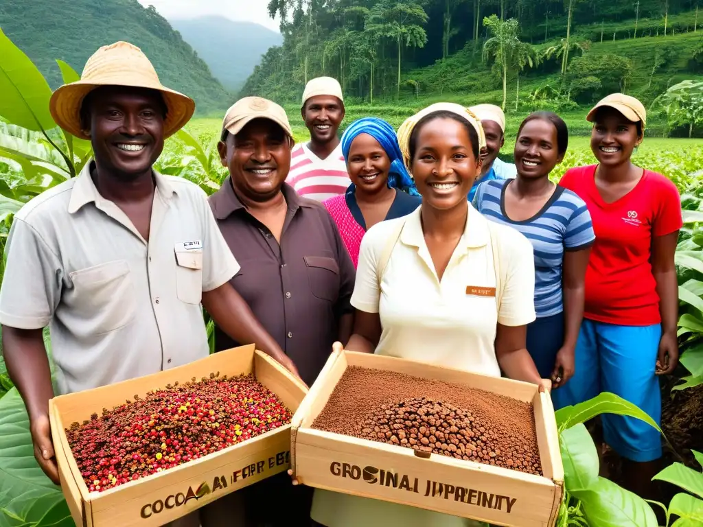 Grupo diverso de agricultores sonrientes con ingredientes éticos, rodeados de vegetación exuberante y luz dorada