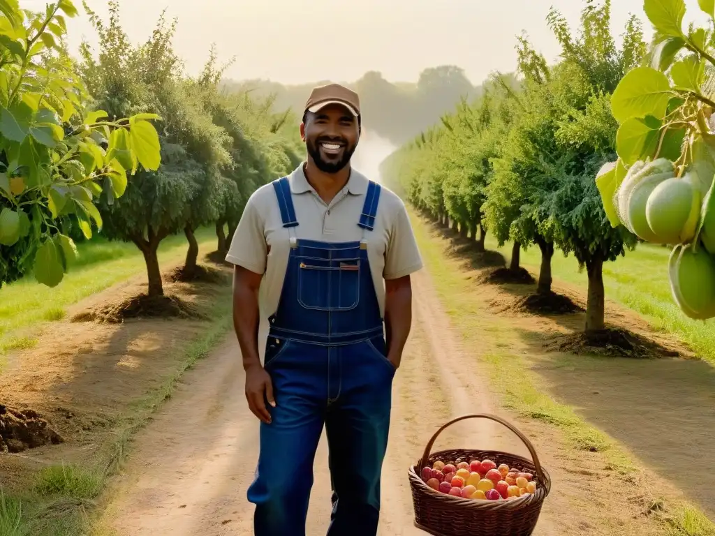 Comunidad agrícola diversa en un huerto frutal - Imagen en 8k Grupo diverso de agricultores sonrientes en un huerto frondoso con árboles frutales y nueces