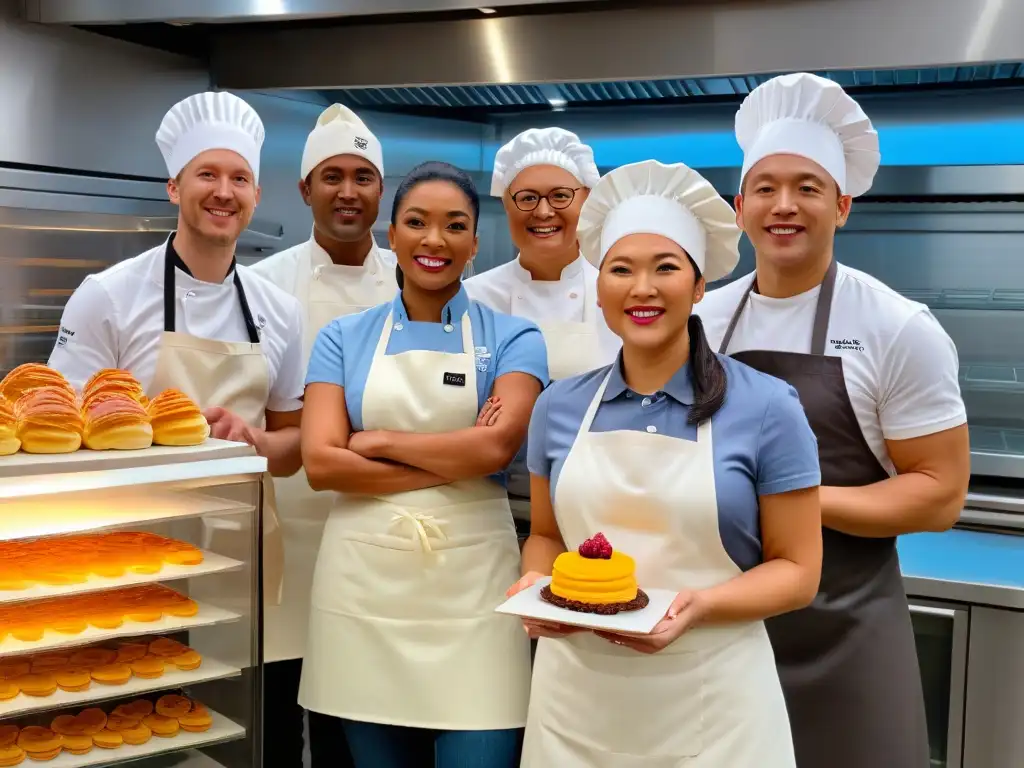 Un grupo diverso de chefs en una cocina de panadería moderna, cada uno con su pastelería única