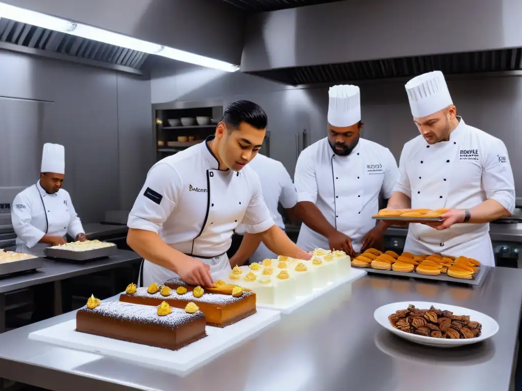 Un grupo diverso de chefs con discapacidades auditivas trabaja en equipo en una cocina, creando repostería con pasión y precisión