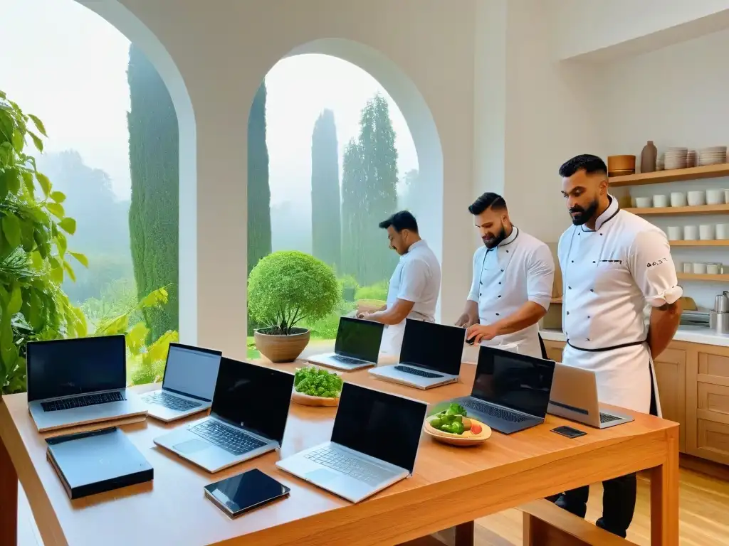 Un grupo diverso de chefs pasteleros en un curso online de repostería sostenible, rodeados de naturaleza y equipo ecofriendly