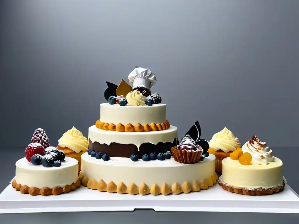 Grupo diverso de chefs de repostería exitosos de todo el mundo, con sus creaciones, en un estilo moderno y minimalista