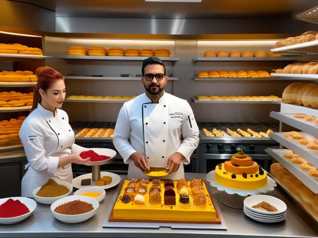 Un grupo diverso de chefs de repostería expertos creando pastelería colorida en una cocina moderna