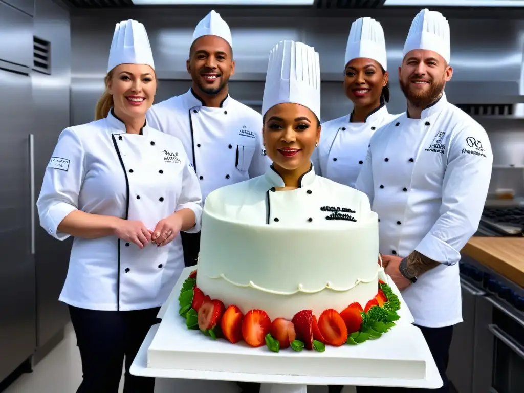 Un grupo diverso de chefs sordos colaborando apasionadamente en una cocina moderna y accesible