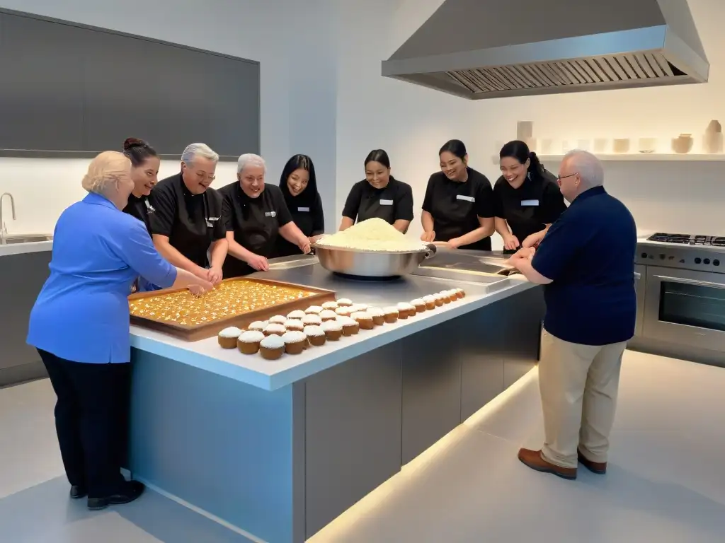 Un grupo diverso y colaborativo disfruta de talleres de repostería inclusiva adaptados en una cocina luminosa y acogedora