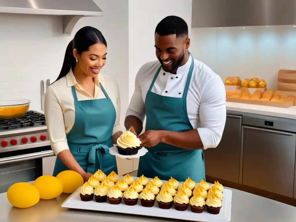 Grupo diverso disfruta creando cupcakes coloridos en cocina moderna