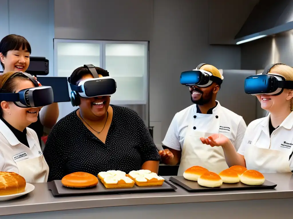 Grupo diverso con discapacidades disfruta de la Realidad Virtual inclusiva en simulación de repostería