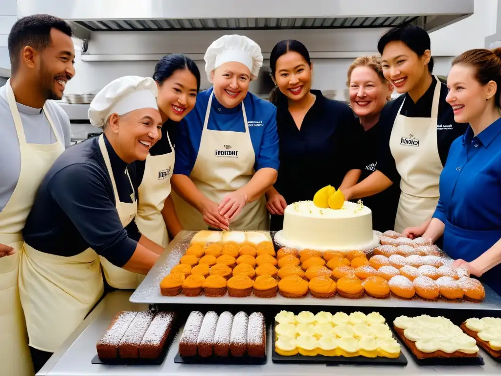 Un grupo diverso colabora feliz en una cocina luminosa en un evento benéfico de repostería