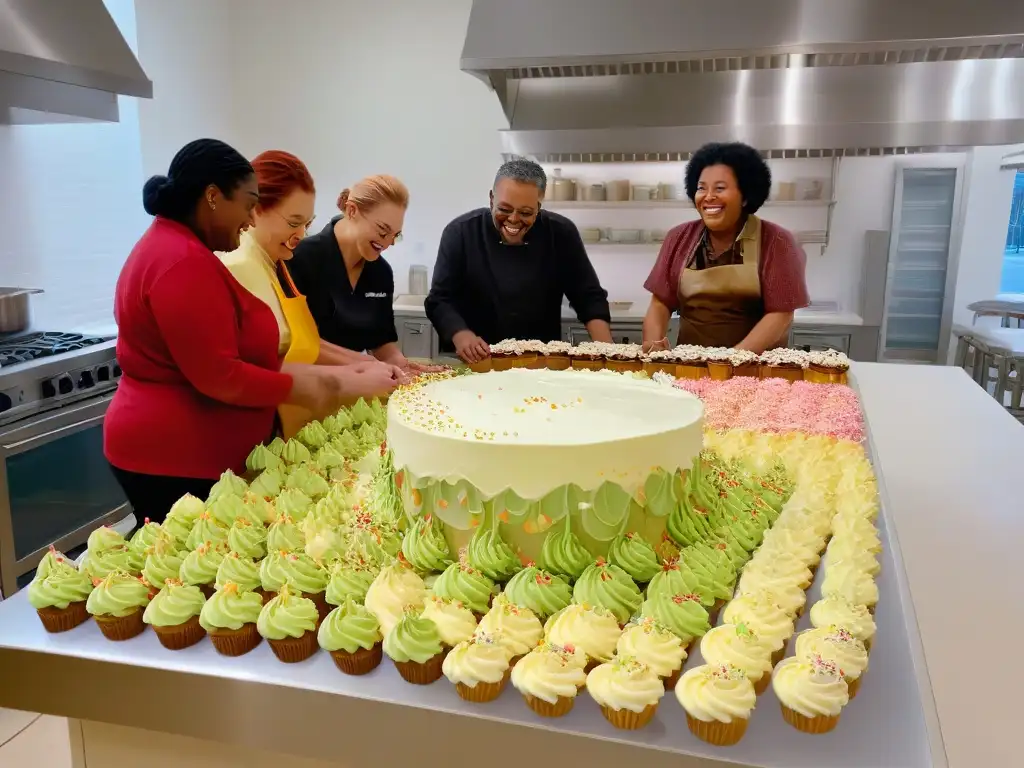 Un grupo diverso y feliz decorando cupcakes juntos en un taller de repostería inclusiva adaptado