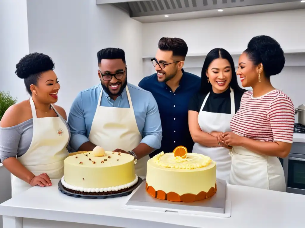 Un grupo diverso horneando feliz juntos en una cocina virtual, mostrando la inclusividad en cursos repostería online