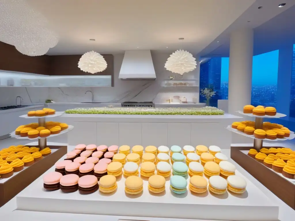 Un grupo diverso de influencers de pastelería colabora con un chef en la creación de postres, rodeados de macarons y cupcakes en una cocina moderna