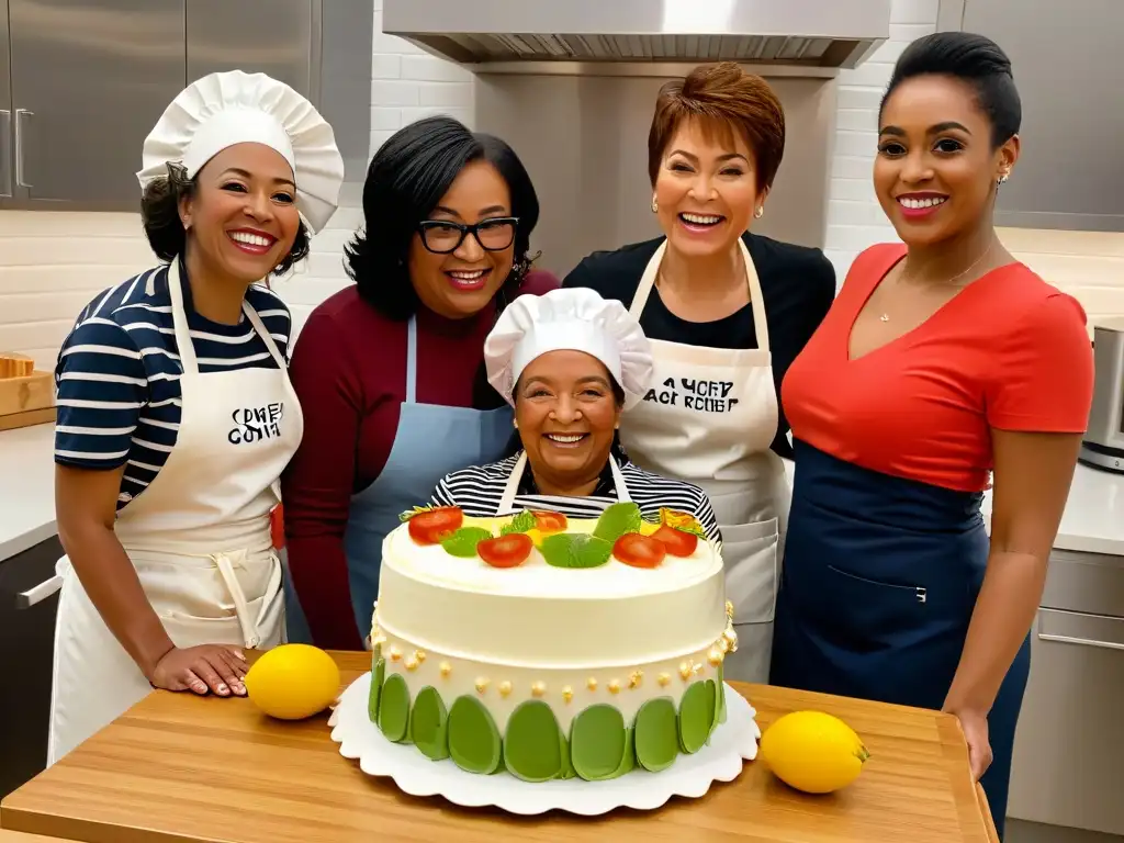 Un grupo diverso de mujeres empoderadas disfrutando juntas de la repostería en una cocina moderna y luminosa