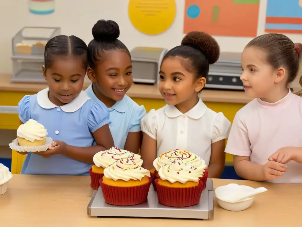 Un grupo diverso de niños decorando cupcakes con concentración y alegría en aula luminosa